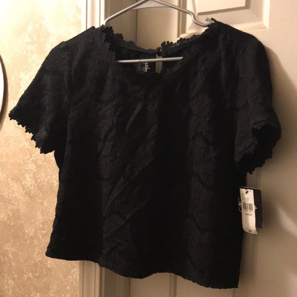Black short sleeve lace front shirt